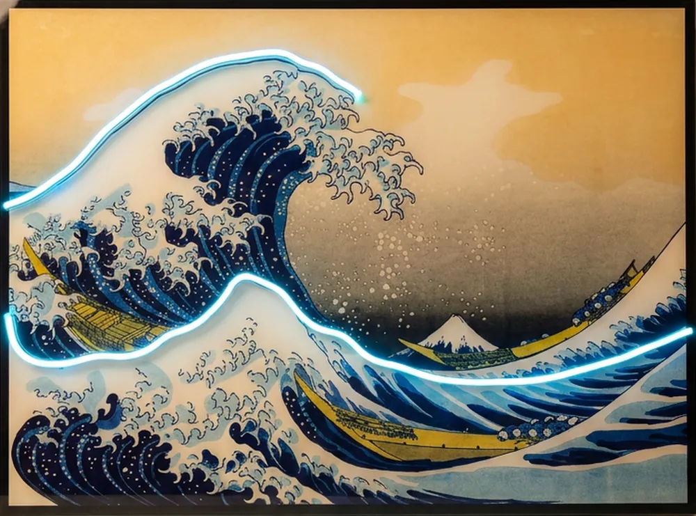 Cuadro La gran ola de Kanagawa con la cresta de la ola recorrida por un filamento de Neon Flex cian.