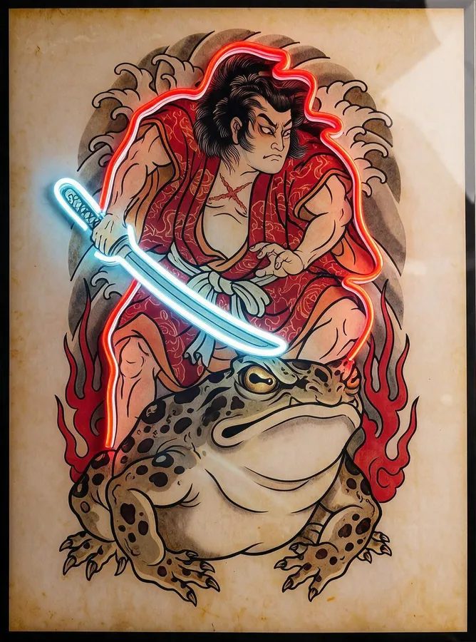 Cuadro Yakuza Tattoo: samurái sobre un sapo gigante, contorneado en Neon Flex rojo con la katana en neón azul hielo.